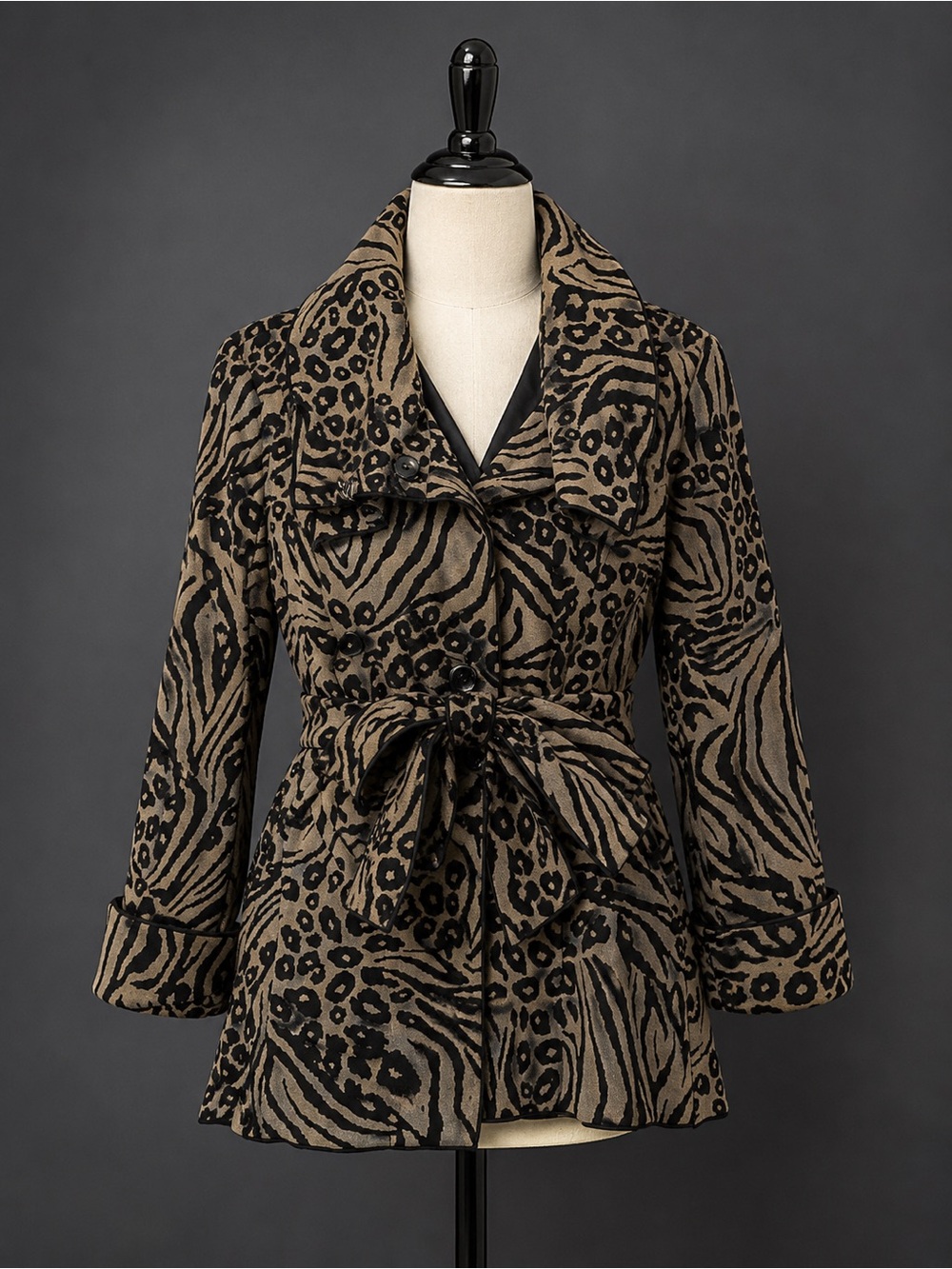Susan Bristol Taupe & Black Animal Print Tie-Waist Jacket
